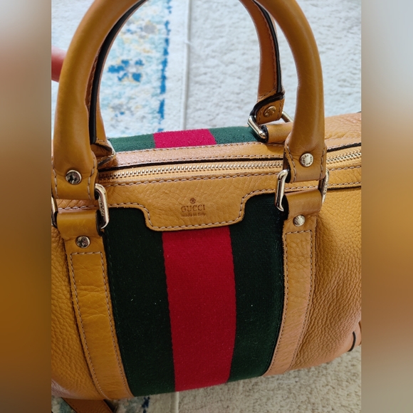 Gucci Tan Leather Tote Bag with Red and Green Stripe - Picture 3 of 16